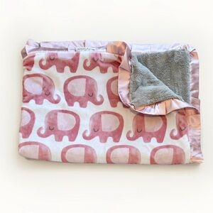Minky Couture Elephants 36”x50” Satin Trim Baby Blanket Soft White Pink Girls
